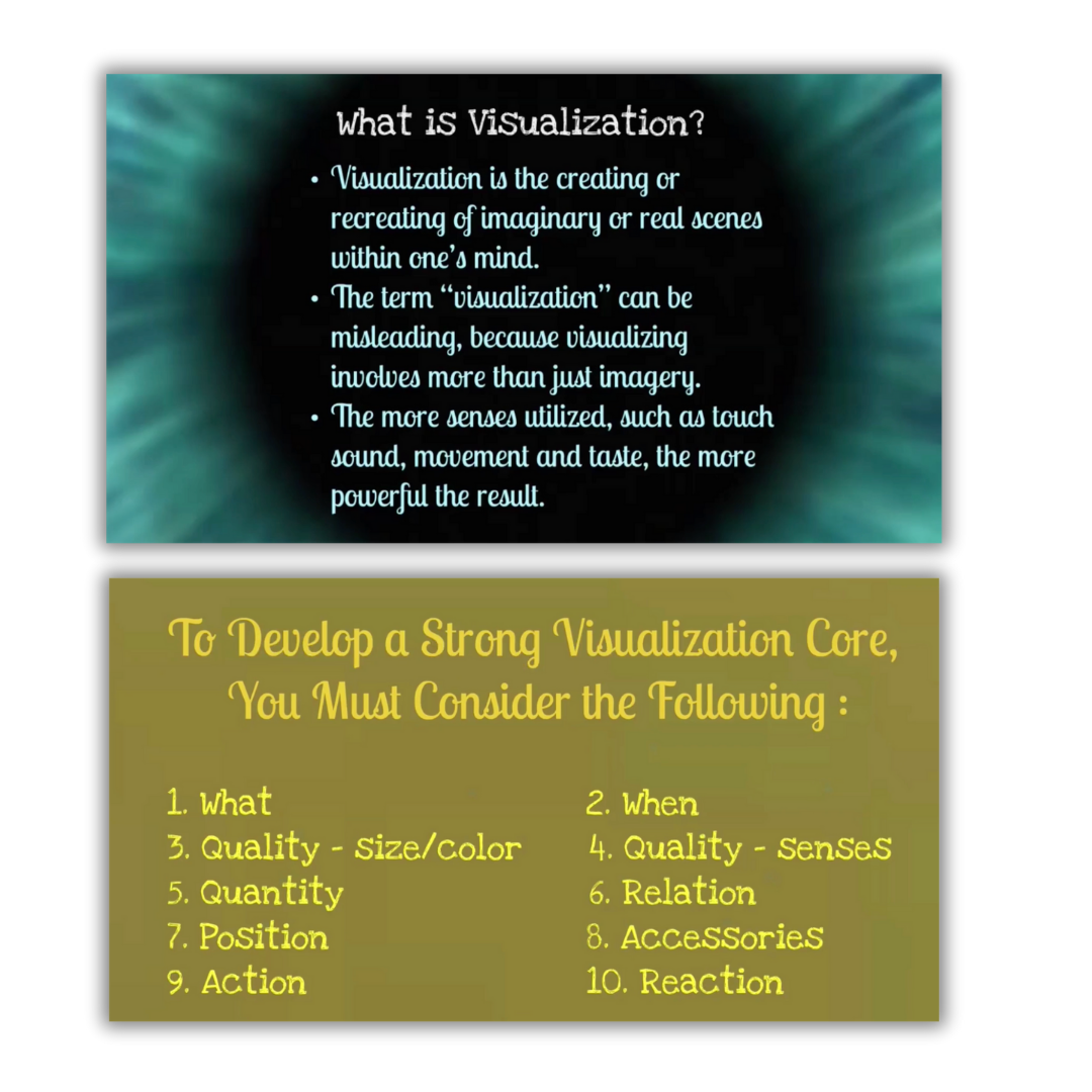 Visualization workshop slides by Dr. Erica Warren explaining multisensory imagery and key elements for developing strong mental visualization skills.