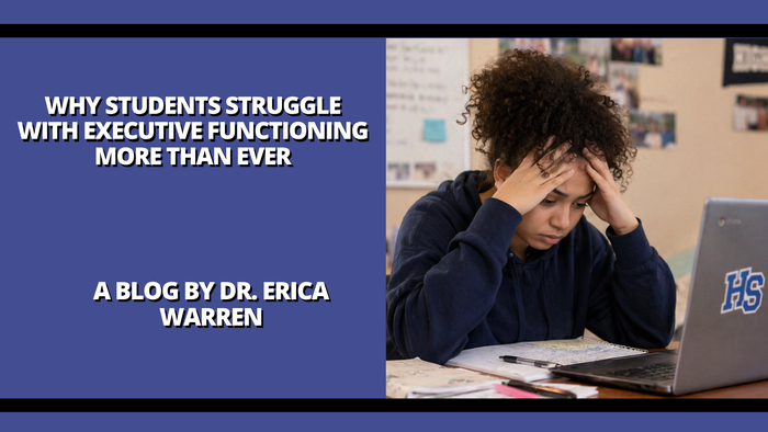 Person sitting at a desk with a laptop, with text about executive functioning struggles and Dr. Erica Warren's blog.