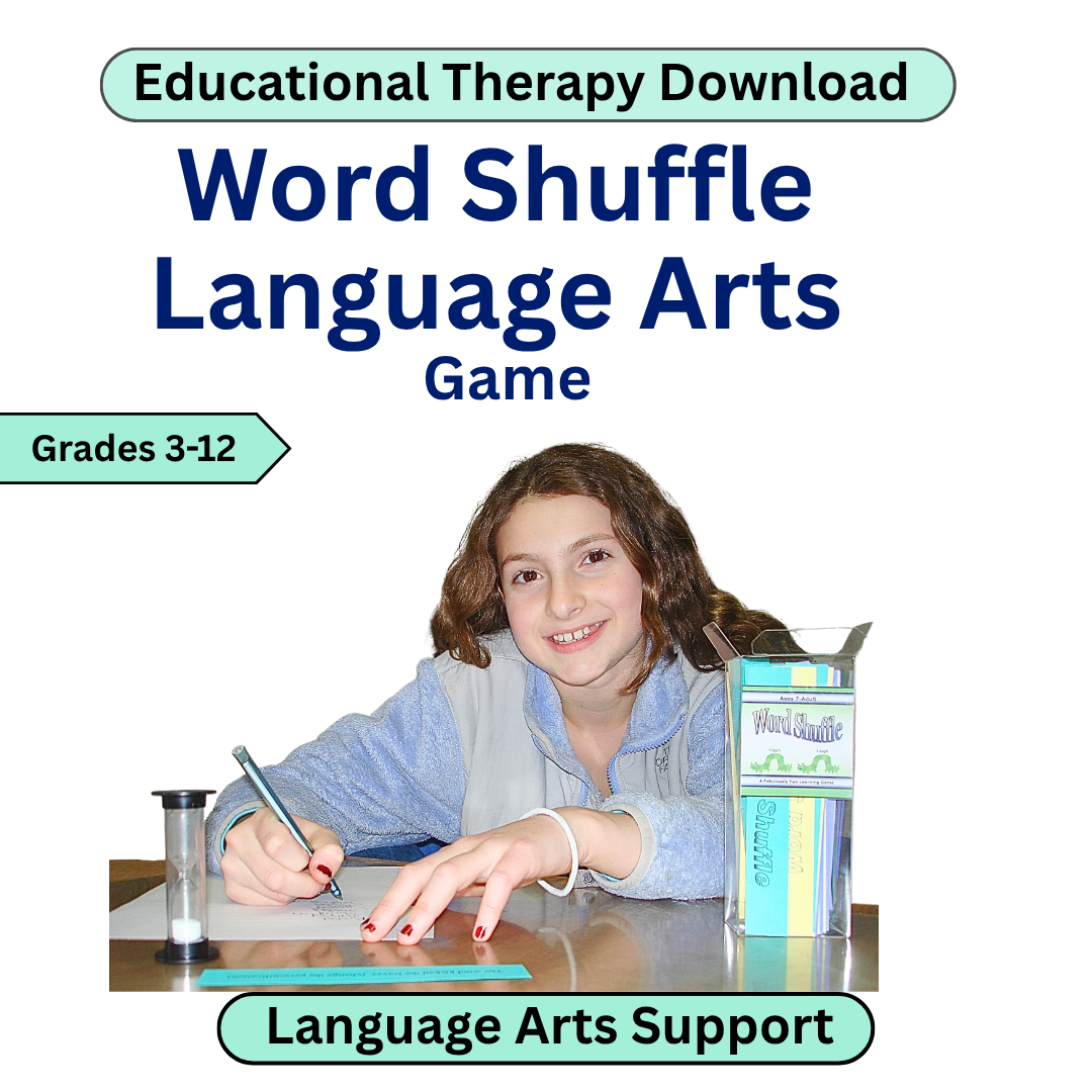 Promotional image for a language arts game with a girl writing at a desk.