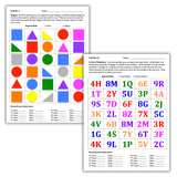 Advanced working memory activity pages by Dr. Erica Warren featuring rapid naming of colors, shapes, letters, and numbers to strengthen attention, processing speed, and cognitive flexibility.