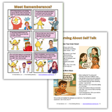 Working memory workbook pages by Dr. Erica Warren using comics and visual lessons to teach inner voice, self-talk, and visualization strategies for strengthening memory and focus.