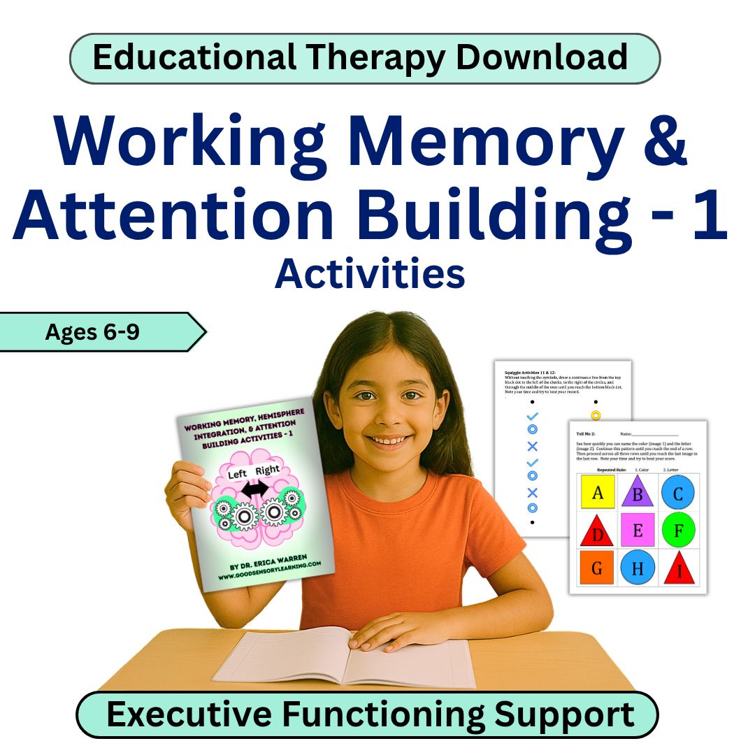 Educational therapy download for working memory and attention building activities with a child holding a book.