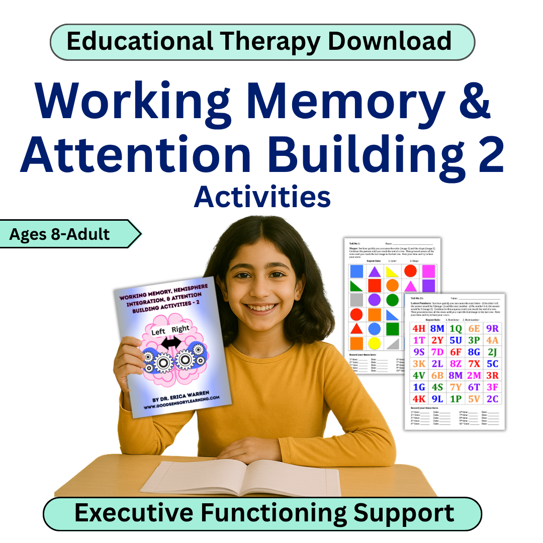 Book cover of 'Working Memory & Attention Building 2 Activities' with a girl holding the book and educational materials on a white background.