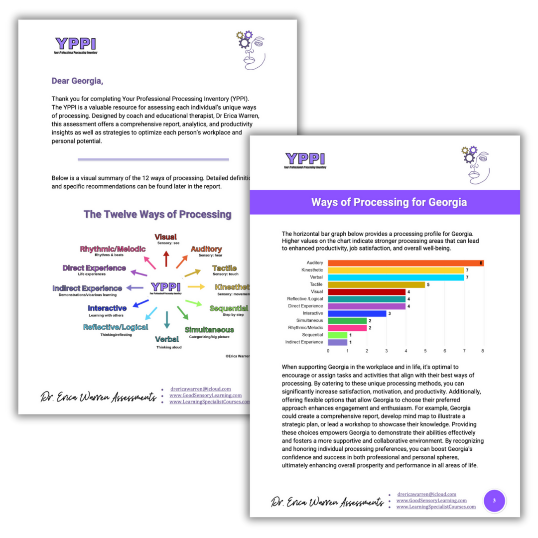YPPI assessment report pages by Dr. Erica Warren showing the twelve ways of processing and a personalized processing profile with visual data and recommendations.