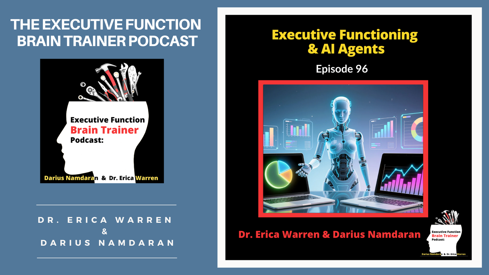 Two podcast episode covers for 'Executive Function Brain Trainer Podcast' with a robot and computer interface on a blue background.