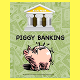 Cover of a board game with a pink pig in front of a bank