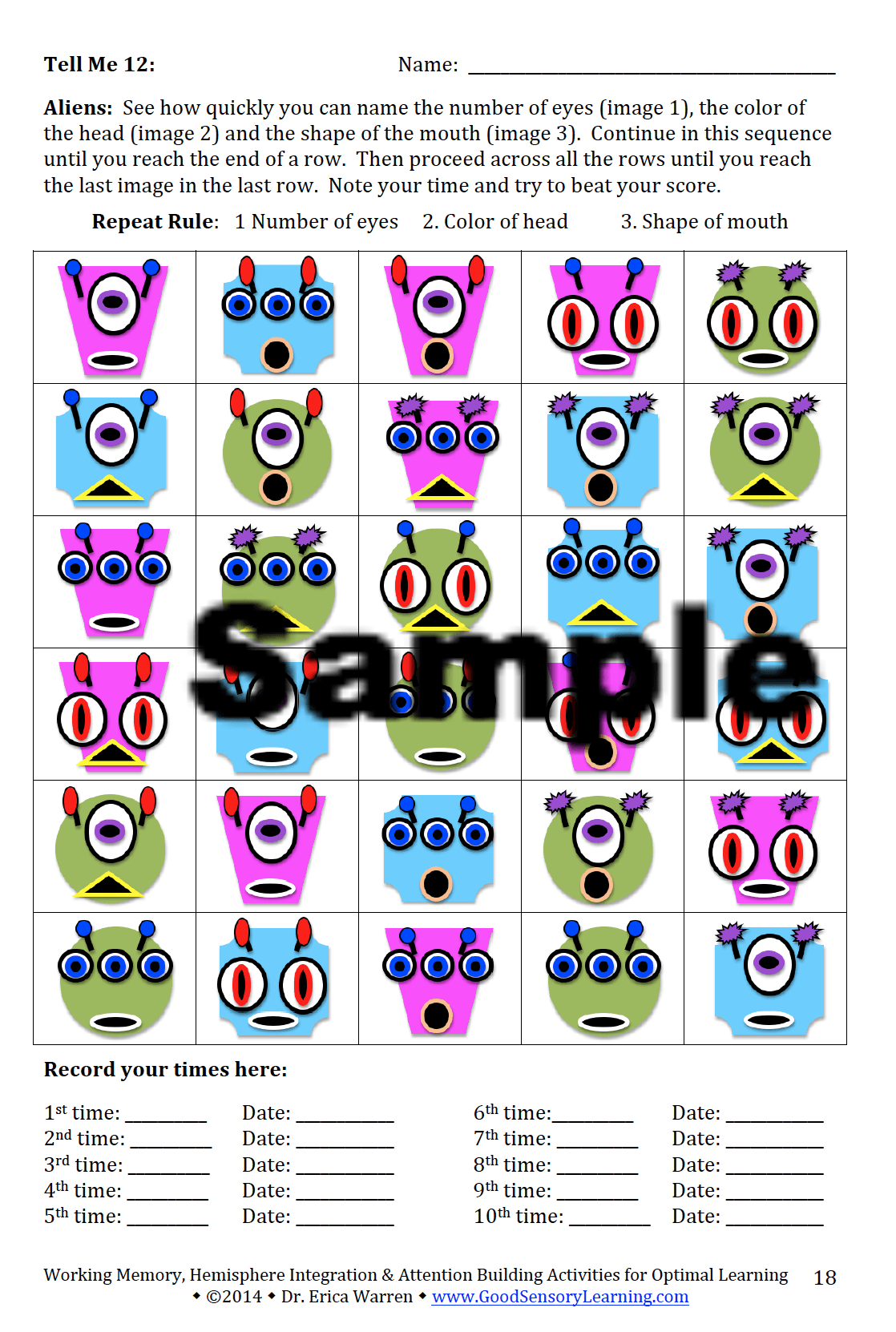 Fun alien working memory activity page