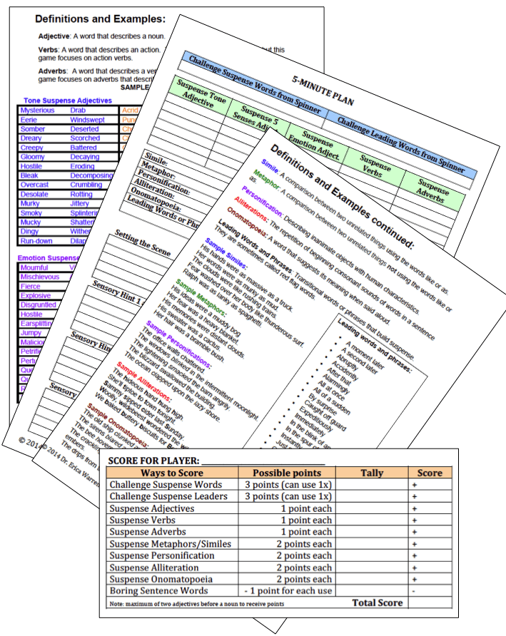 Show Don't Tell Suspense Writing Game handouts and directions