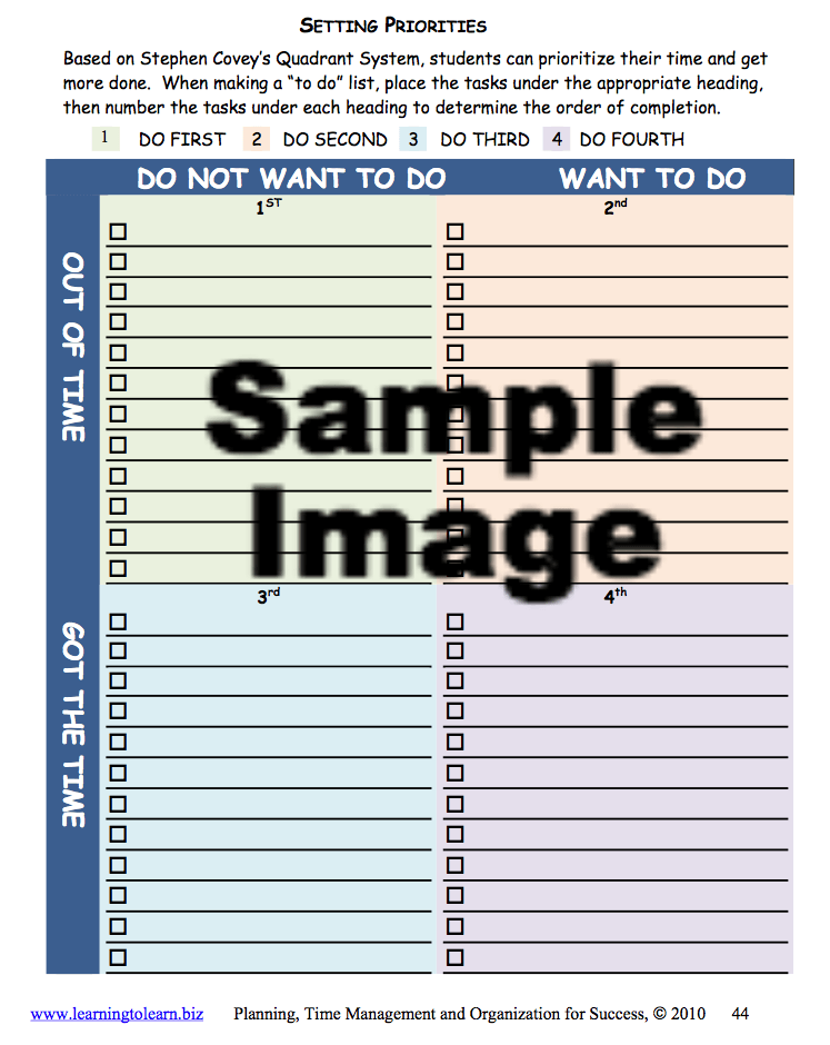 Planning, Time Management & Organization sample page on setting priorities