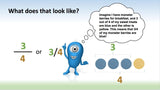 Blue alien shows kids fractions using monster berries